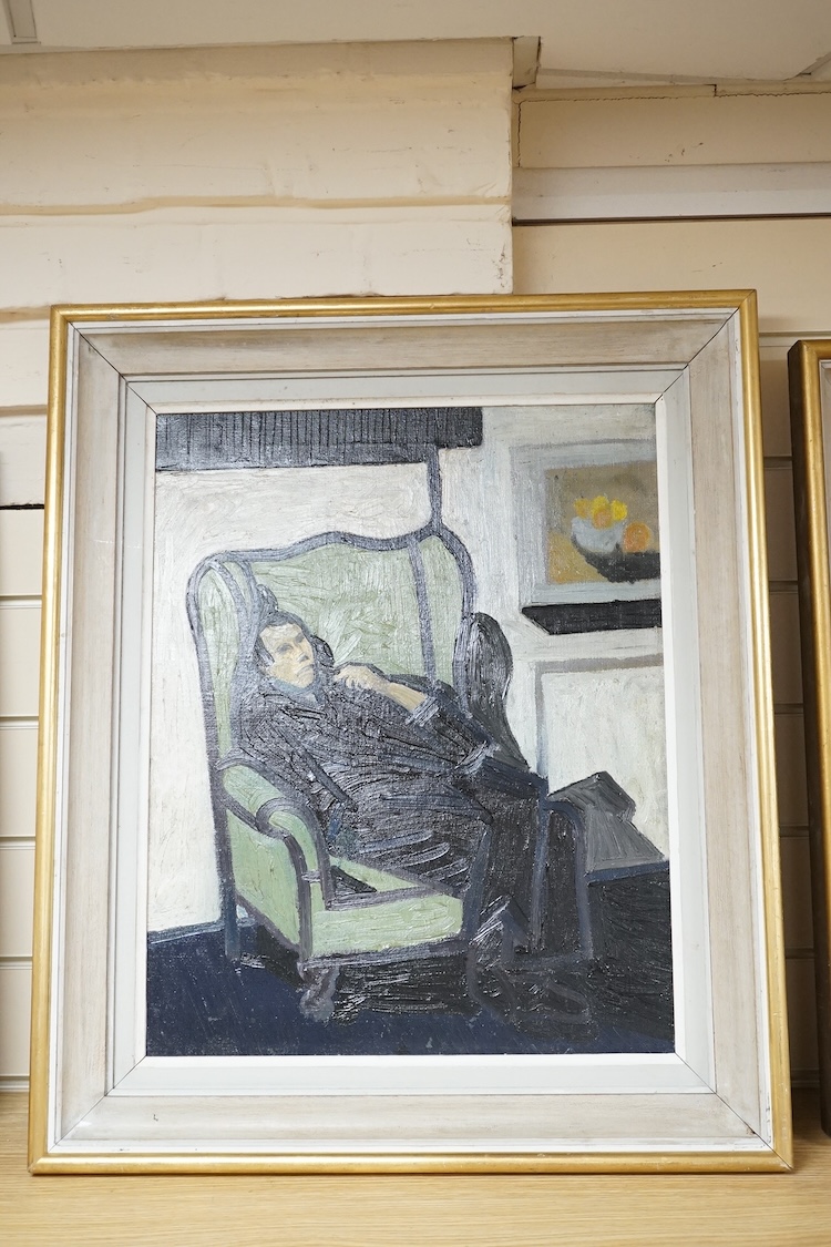Modern British, impasto oil on canvas, Seated man with a pipe, unsigned, 49 x 39cm. Condition - good